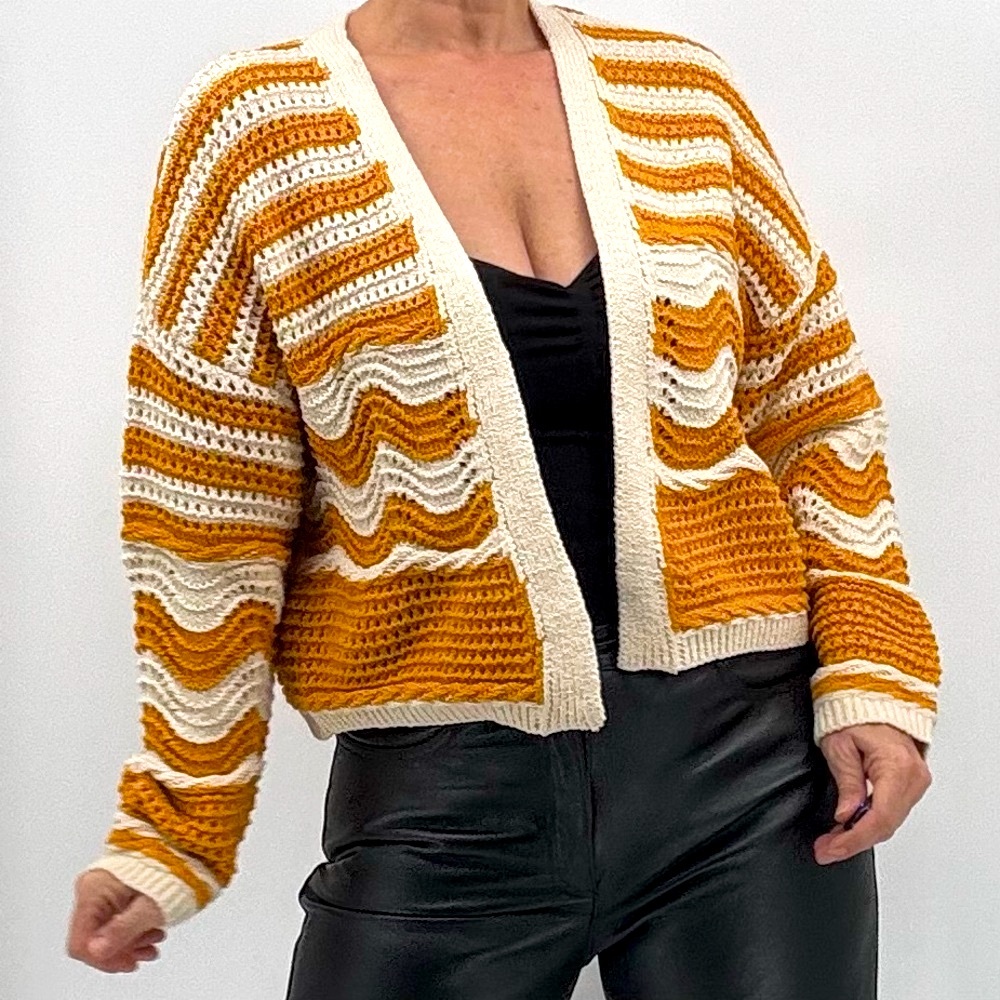 Vintage 90’s Boho Crochet Macrame Textured Plush Knit Open Cardigan Sweater